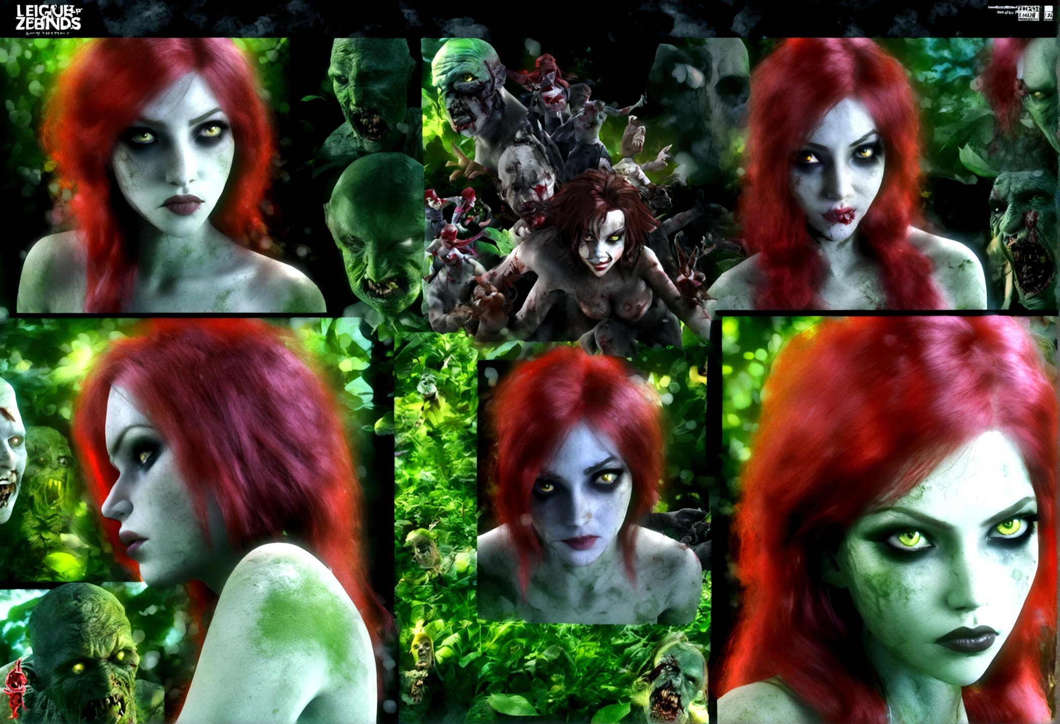 a woman with red hair and green skin, beautiful detailed eyes, beautiful detailed lips, extremely detailed face, poison ivy, animated plant thorn beasts, animated plant vine beasts, animated plant flower beasts, a swamp, a horde of zombie rotten people, a moonlit swamp, (best quality,4k,8k,highres,masterpiece:1.2),ultra-detailed,(realistic,photorealistic,photo-realistic:1.37),horror,fantasy,dark,dramatic lighting,moody lighting,vivid colors