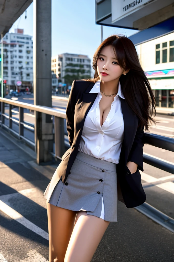 a 16 year old girl, she is the most beautiful actress in the world, the perfect body proportions of this girl, the skin of her large breasts are covered 100% by the blazer that is covering the shirt, her crotch between her bare legs are hidden just 99% by short skirt, the blazer is firmly closed and buttoned up on her waist between the shirt and the short skirt, it's only one description of one body, it's from right above her head to right below her shins are within frame, all her body is looking forward to viewer, she is standing at the city street, nsfw, best quality, highly detailed, masterpiece, ultra high res, photo realistic, 8k, RAW photo