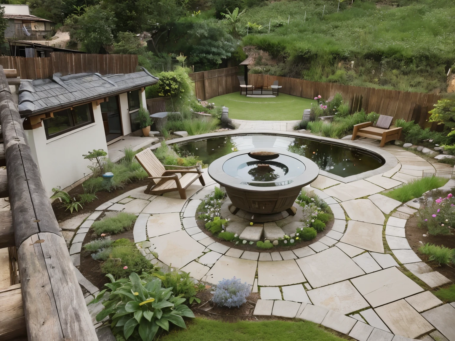 An aerial view of a beautifully designed modern European garden with a hint of Asian influence, featuring a sleek gazebo with a contemporary roof design, surrounded by lush greenery and vibrant flowers. Shot with a high-quality DSLR camera, the smooth stone path leads to a spacious BBQ area with a stylish grill and modern outdoor dining furniture. The gazebo is elegantly furnished with minimalist chairs and a table. Small, clear ponds with Asian-inspired plants add tranquility to the setting. Soft, ambient lighting enhances the cozy atmosphere. Shallow depth of field, focused foreground, bokeh background. ((8k)), high quality detail, harmonious and inviting garden.