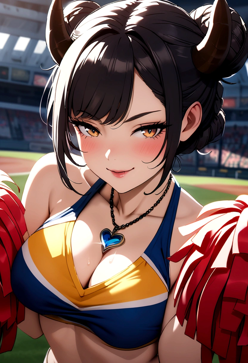 Sexy cheerleader, seductive smile, c cup , with black small demon horns, bun hairstyle, wearing necklace, 