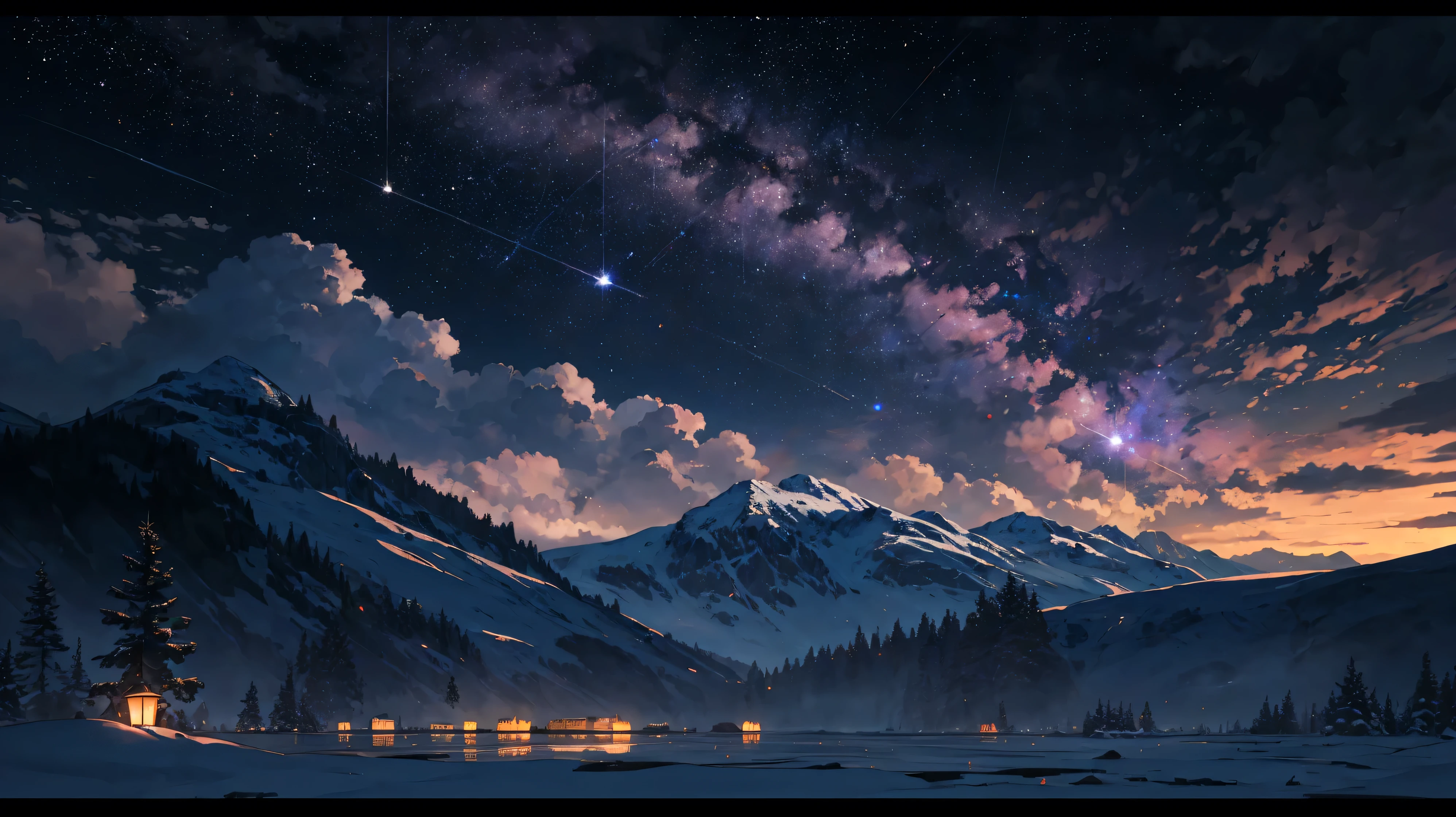 Wide-ranging landscape photos,(Full moon:1.2),(Meteor:0.9),(nebula:1.3),Distant Mountains, Art made from broken trees,(Warm light source:1.2),(firefly:1.2),lamp,Lots of purple and orange,Complex details,Volumetric Lighting,RealismBREAK(masterpiece:1.2),(Best quality),4K,Extremely detailed,(Dynamic Combination:1.4),Very detailed,Colorful detail,(Rainbow Colors:1.2),(Luminous lighting,Atmospheric lighting),dream magic,magic,(独奏:1.2),((Best quality)), ((masterpiece)), (detail:1.4),Depth of Field Maximum Clarity and Sharpness,Perfect proportion,Fluttering clouds,wallpaper