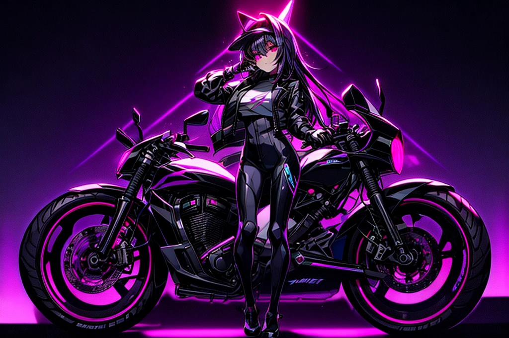 Best Quality, extremely high resolution He transports me to a cyberpunk world full of mystery and futurism. I imagine this girl(Only one) anime on his cyberpunk motorcycle, surrounded by neon lights in a night city. His purple and black suit.., The shiny chains and her red hair create an intriguing image... The motorcycle, with its shiny surface and cat-shaped helmet, adds a touch of enigma. She is ready for an exciting night adventure..!! 