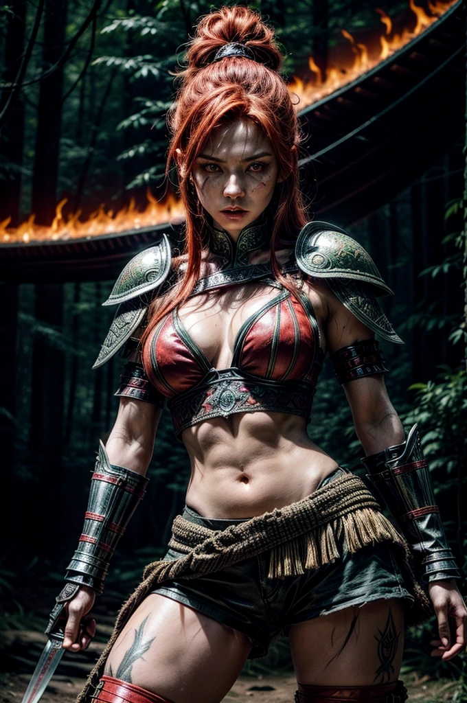 A powerful female warrior with glowing eyes and fiery red hair stands poised for battle. She wields two curved daggers, green forested background. She dons intricately designed armored gauntlets and shoulders, tribal tattoos on her leg. She wear a torn shorts. Navel piercing. Front view. 