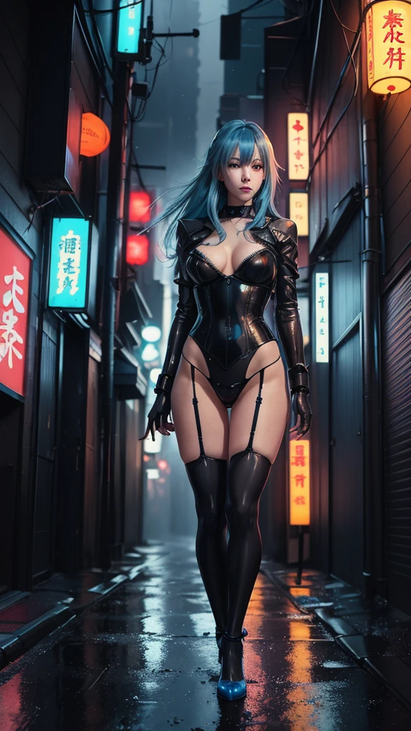 (best quality, masterpiece: 1.3), 1girl, rainy day, fog, alley, umbrella holding, large and transparent umbrella, looking at the viewer, blue hair, facing the photo, cyberpunk city, alone in the alley, neon in the alley, very reflective city, long hair, sized strands going over the alley, bars, Japan, Tokyo, garter belt on one leg,  knee pad on the other leg, perfect hand, delicate, night