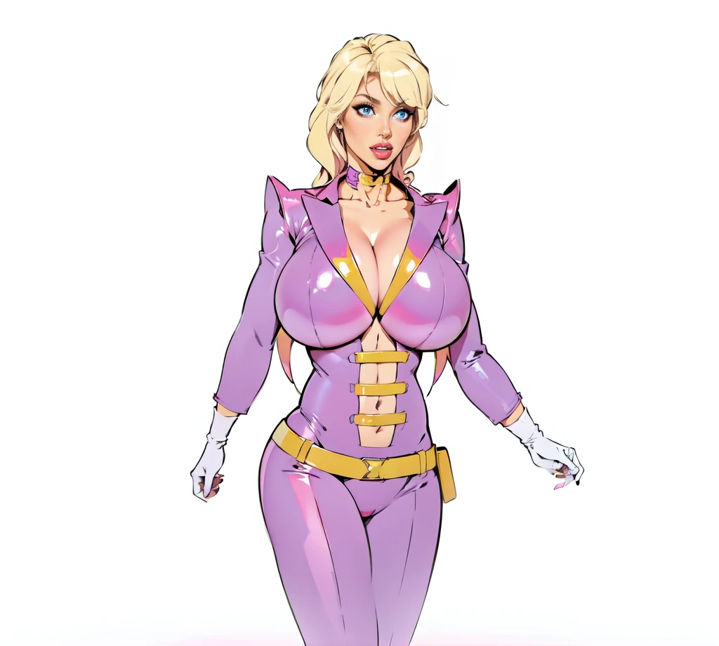 schwizerland woman, blonde curly hair, pink latex outfit,pink latex blazer  bodysuit,pink thicc shoulder pads, pink boots, whitte gloves, blue eyes, big breast,walking in a bar