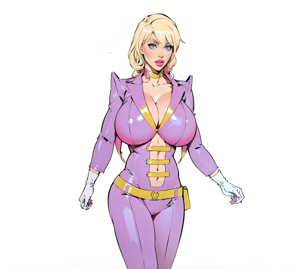 schwizerland woman, blonde curly hair, pink latex outfit,pink latex blazer bodysuit,pink thicc shoulder pads, pink boots, whitte gloves, blue eyes, big breast,walking in a bar