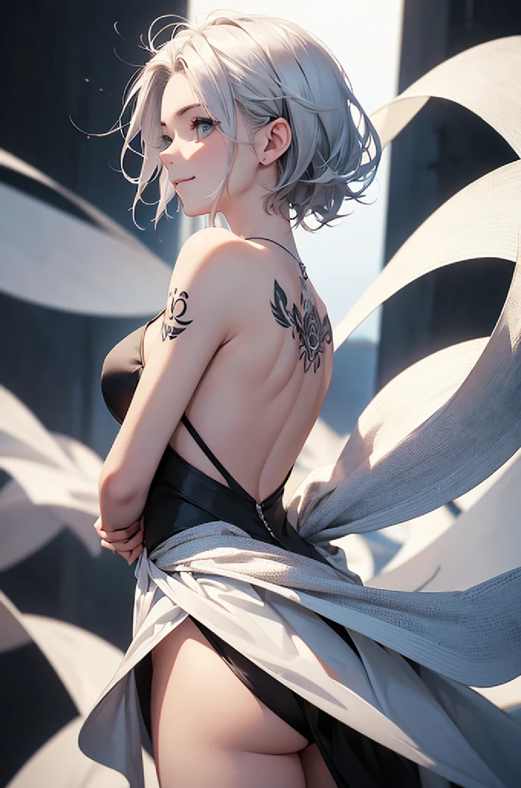 avant-garde art(Image from chest up:1.4)((masterpiece:1.5,Highest quality,Beautiful images、Realistic、3d、Artistic))(1girl, solo)(medium breasts, Silver Hair、short hair、Beautiful cleavage、sideboob、Exposing shoulders、Tattoo on shoulder)(Profile portrait,Gaze sideways、Gaze diagonally、Shake your head、Smile, floating hair)(Monotone Abstract Background)((from backside:1.3))((Monotone costumes))
