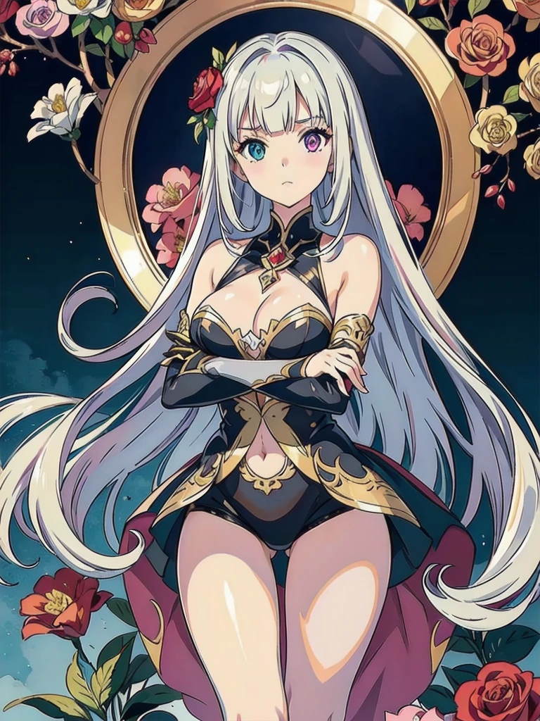 ONE GIRL ON PICTURE, ONE PERSON ON PICTURE, GIRL IN SHINY SILVER DIAMOND DRESSairy, bravely default, black gloves, high heels,  FernFrieren, very long hair, heterochromia  eyes, different coloured left and right eyes, red right eye, and purple left eye, each other eye is coloured another  different, red or purple colour, (gold pupils), looking down, straight-on, expressionless, crossed arms, standing, looking at viewer, large breasts,, ultra detailed, masterpiece, best quality, aesthetic, detailed, 
By golden pink leafs and by golden pink,red, /silver green and rose pink flowers ornamented dress
Straight silver bangs and hair, straight smoth long hair, straight cutted smooth hairstyle, bangs and so one side bangs
