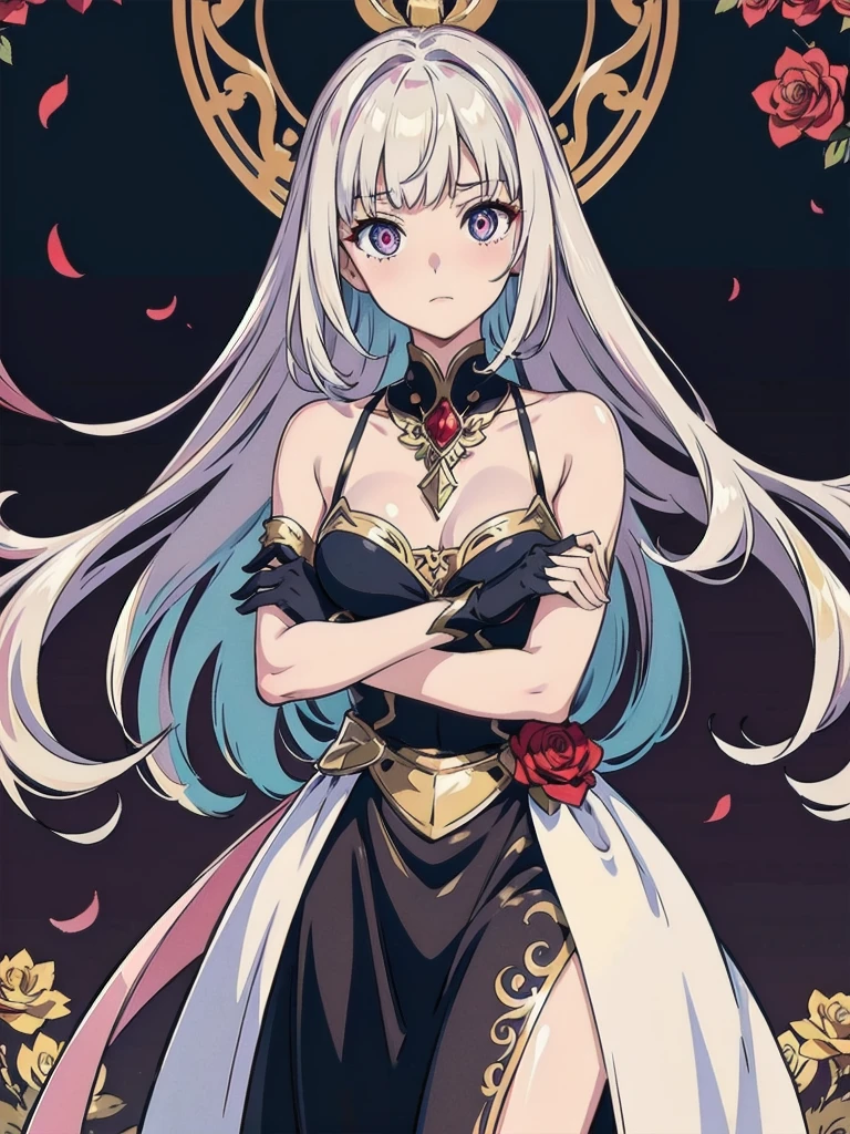 ONE GIRL ON PICTURE, ONE PERSON ON PICTURE, GIRL IN SHINY SILVER DIAMOND DRESSairy, bravely default, black gloves, high heels,  FernFrieren, very long hair, heterochromia  eyes, different coloured left and right eyes, red right eye, and purple left eye, each other eye is coloured another  different, red or purple colour, (gold pupils), looking down, straight-on, expressionless, crossed arms, standing, looking at viewer, large breasts,, ultra detailed, masterpiece, best quality, aesthetic, detailed, 
By golden pink leafs and by golden pink,red, /silver green and rose pink flowers ornamented dress
Straight silver bangs and hair, straight smoth long hair, straight cutted smooth hairstyle, bangs and so one side bangs
