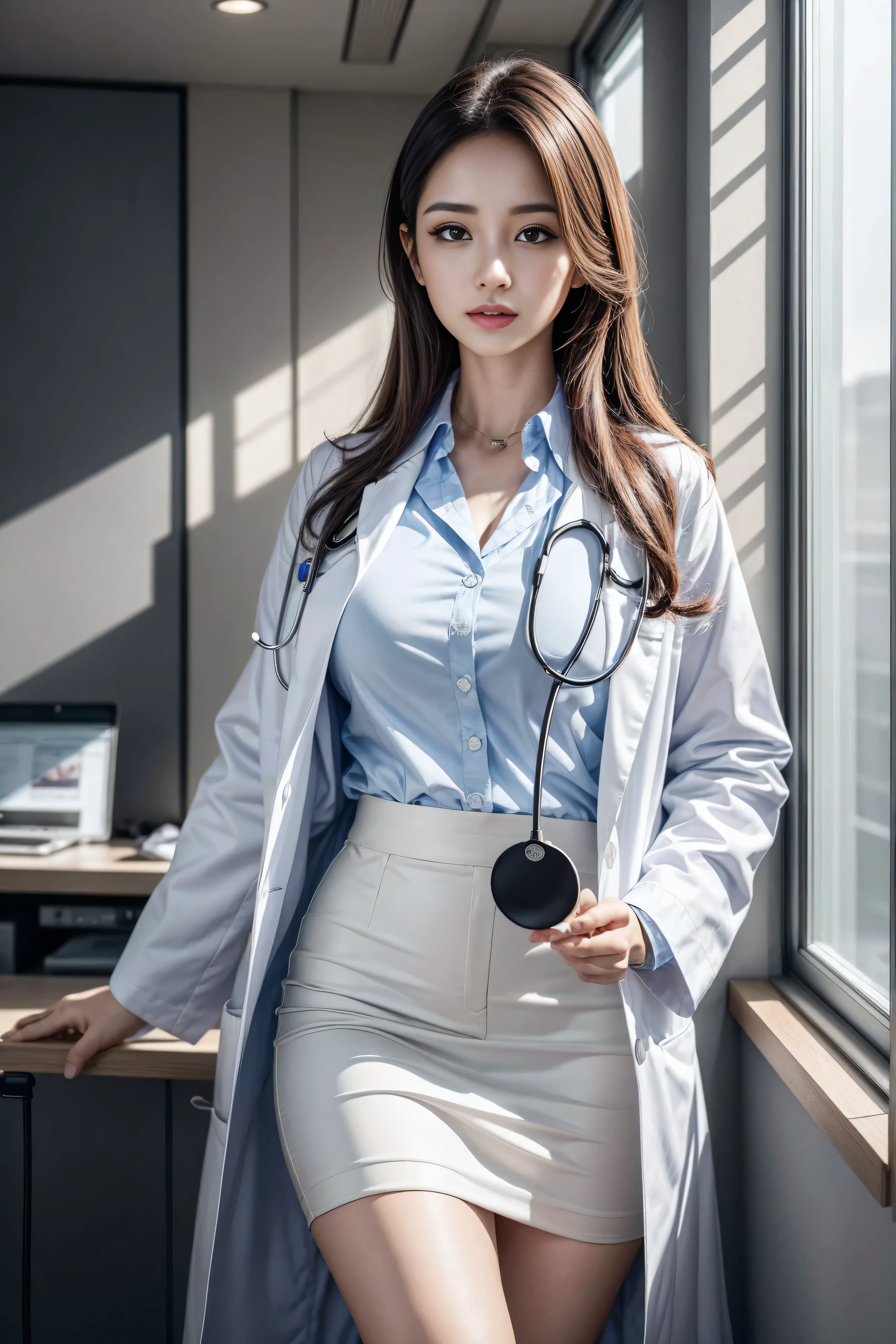 Realistic beautiful doctor、Stunning beauty、Doctor's white coat, Collared shirt、(Top quality、8K、32k、masterpiece、nffsw:1.3)、Ultra-high resolution,(Photorealistic:1.4),Original Photography, Delicate face,,Beautiful hair, ((Doctor style)), , Black tight skirt、 Natural Makeup,, Full breasts、Inside the hospital, Detailed background, Perfect lighting, Depth of Field, Beautiful shadow gradient,Stethoscope ,