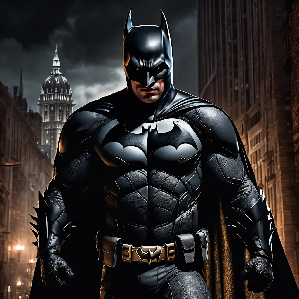a dark knight in a gothic city,batman,superhero,dark fantasy,moody lighting,dramatic pose,ultra detailed,8k,highly detailed,cinematic,photorealistic,dramatic lighting,dark colors,gritty,gloomy,brooding,intense expression,cape flowing,gotham city background,detailed facial features,muscular physique,dynamic action pose