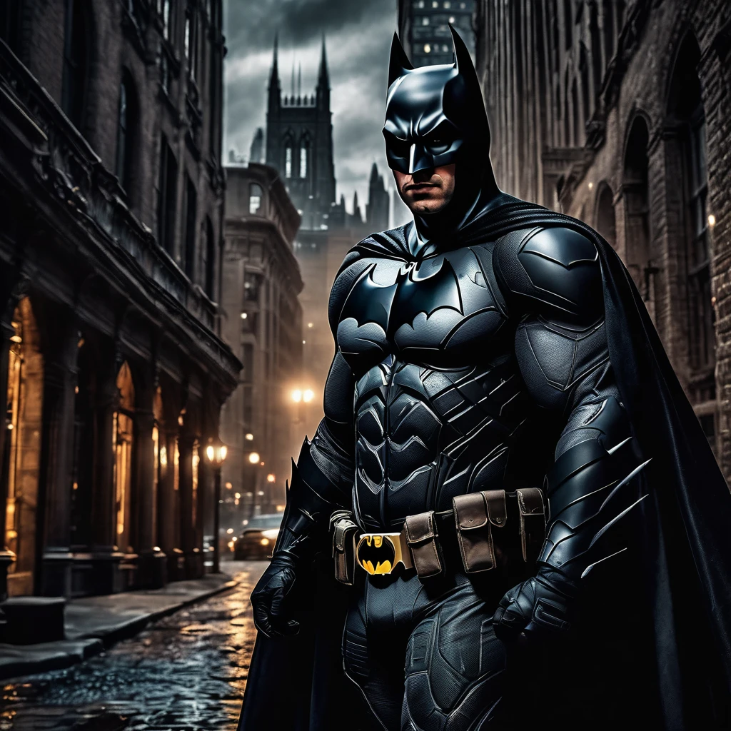 a dark knight in a gothic city,batman,superhero,dark fantasy,moody lighting,dramatic pose,ultra detailed,8k,highly detailed,cinematic,photorealistic,dramatic lighting,dark colors,gritty,gloomy,brooding,intense expression,cape flowing,gotham city background,detailed facial features,muscular physique,dynamic action pose