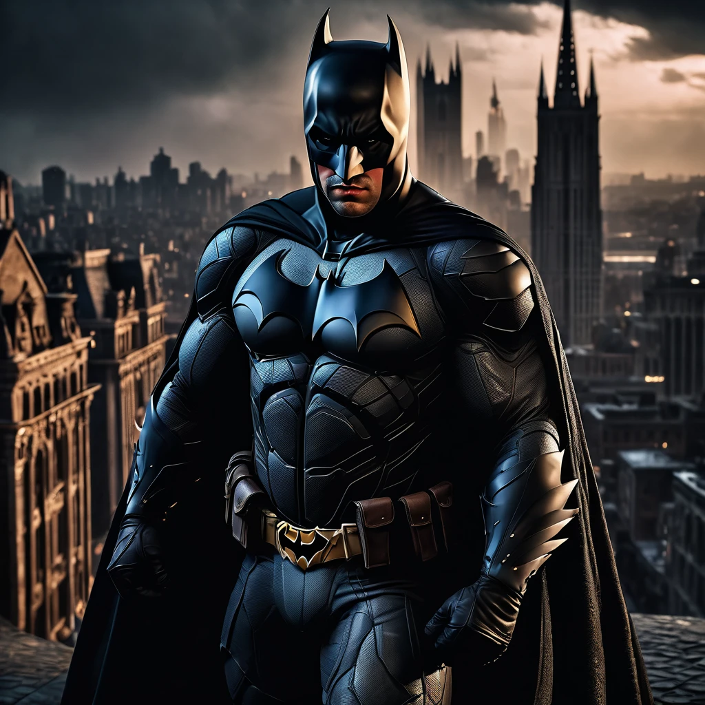 a dark knight in a gothic city,batman,superhero,dark fantasy,moody lighting,dramatic pose,ultra detailed,8k,highly detailed,cinematic,photorealistic,dramatic lighting,dark colors,gritty,gloomy,brooding,intense expression,cape flowing,gotham city background,detailed facial features,muscular physique,dynamic action pose