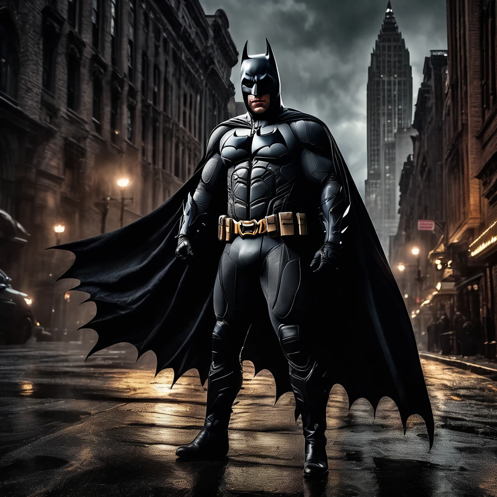 a dark knight in a gothic city,batman,superhero,dark fantasy,moody lighting,dramatic pose,ultra detailed,8k,highly detailed,cinematic,photorealistic,dramatic lighting,dark colors,gritty,gloomy,brooding,intense expression,cape flowing,gotham city background,detailed facial features,muscular physique,dynamic action pose
