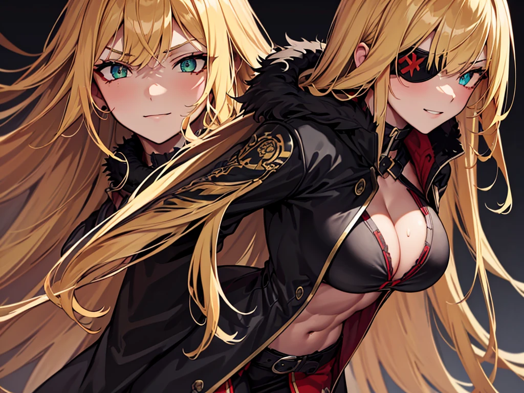 ((masterpiece)), ((best quality)), 1girl, adult, long hair, big bust, ((blonde hair)), very long blonde hair, ((intimidant look)), ((close-up)), profile image, green eyes, black and red clothes, sexy, dark colors, brillant eyes, ((coat with fur)), ((wavy hair)), exposed skin, ((sexy pose)), ((intimidant look)), good anatomy, ((dark sage clothes)), ((straight cut bangs)), emotionless, intimidant, ((beautiful eyes)), dark background, close up, ((detailed eyes)), beautiful eyes, ((detailed face)), hair bang, frontal look, evil, relaxed, smile, magical goddess othinus, abs, detailed face, eyepatch, huge tits, full body, ((detailed))