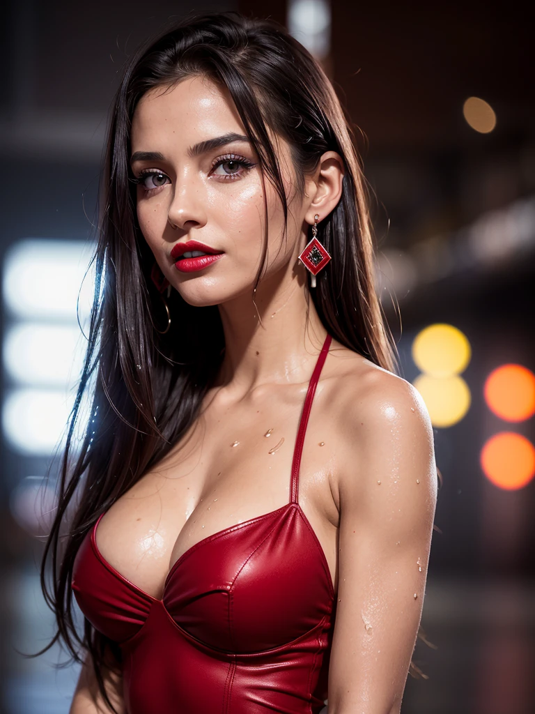 Ultra HD resolution,artistic photos,Professional erotic Photography,Dark red LED Background ((21 year very sexy girl, earrings, long brunette wet hair, wet face, cold ultra realistic damp skin, wearing a very sexy American flag short dress)), exposed cleavage, posing like a erotic-model, on a bustling city street of New York at night, raining, smiling at viewer, natural red lips, attention to detail, captivating eyes