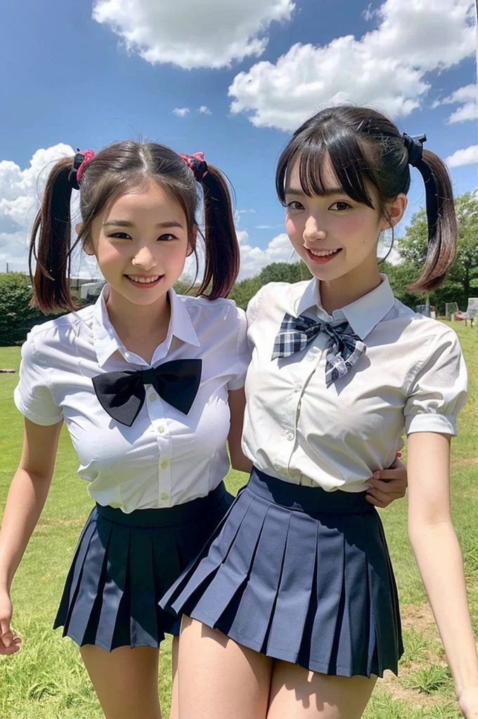 2 girls walking in school field,summer cloud in blue sky,short-sleeved white shirt with bow tie,white thong with plaid pleated frills,hands on crotch,18-year-old,bangs,a little smile,thighs,knees,short hair with low pigtails bunches with ribbon bow,from below,front light