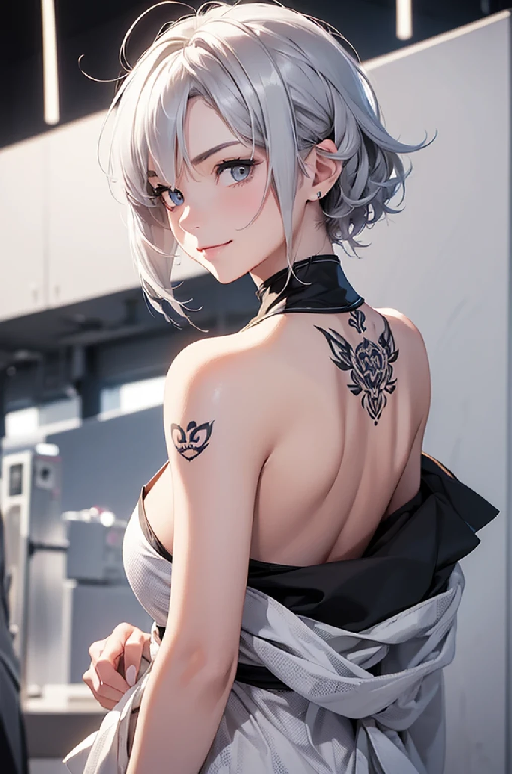 avant-garde art(Image from chest up:1.4)((masterpiece:1.5,Highest quality,Beautiful images、Realistic、3d、Artistic))(1girl, solo)(medium breasts, Silver Hair、short hair、Beautiful cleavage、sideboob、Exposing shoulders、Tattoo on shoulder)(Profile portrait,Gaze sideways、Gaze diagonally、Shake your head、Smile, floating hair)(Monotone Abstract Background)((from backside:1.3))((Monotone costumes))