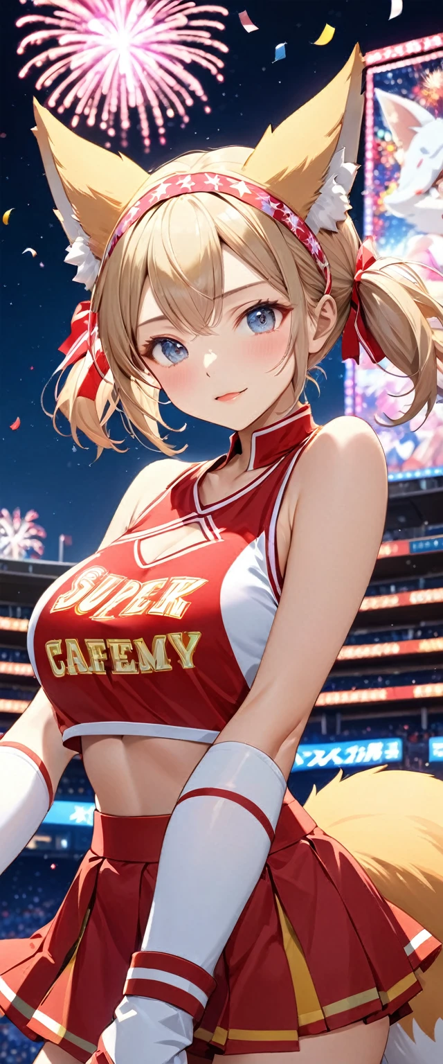 Highest quality, Super quality, 16K, Incredibly absurd, Very detailed, 2.5D, delicate and dynamic, baseball Ground, stand, Colorful Stage, Tiny faint lights and flying confetti, night, Starry Sky, firework, Electronic bulletin board, , , Small face, Extremely delicate facial expression, Delicate eye depiction, Upper body close-up, erotic, sole sexy lady, healthy shaped body, 22 years old lady, Cheerleader, 170cm tall, huge firm bouncing busts, Fox Costume, A complex costume, Fox-eared headband,  Fox tail on the ass, long socks, sports shoes, support, cheer leading, Fox Dance, Raise your right leg
