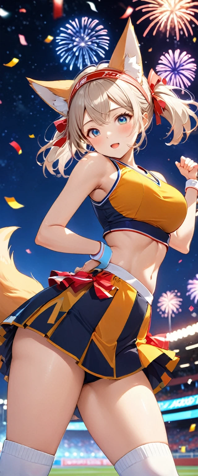 Highest quality, Super quality, 16K, Incredibly absurd, Very detailed, 2.5D, delicate and dynamic, baseball Ground, stand, Colorful Stage, Tiny faint lights and flying confetti, night, Starry Sky, firework, Electronic bulletin board, , , Small face, Extremely delicate facial expression, Delicate eye depiction, Upper body close-up, , sole sexy lady, healthy shaped body, 22 years old lady, Cheerleader, 170cm tall, huge firm bouncing busts, Fox Costume, A complex costume, Fox-eared headband,  Fox tail on the ass, long socks, sports shoes, support, cheer leading, Fox Dance, Raise your right leg