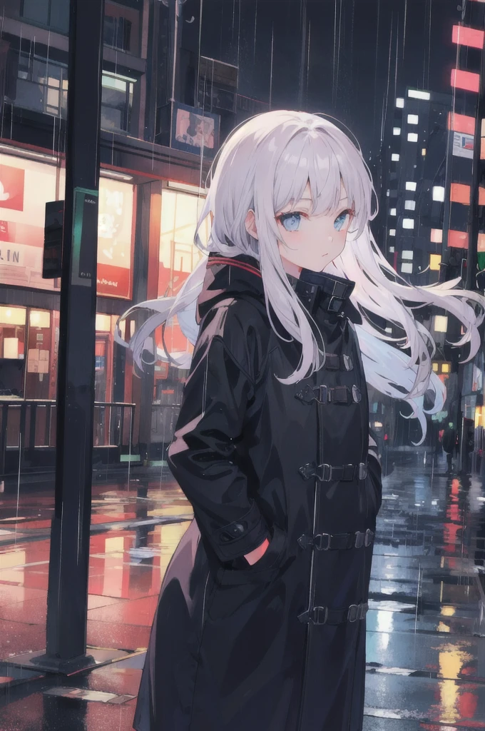 1girl,night city,rain,coat,hands in pockets
