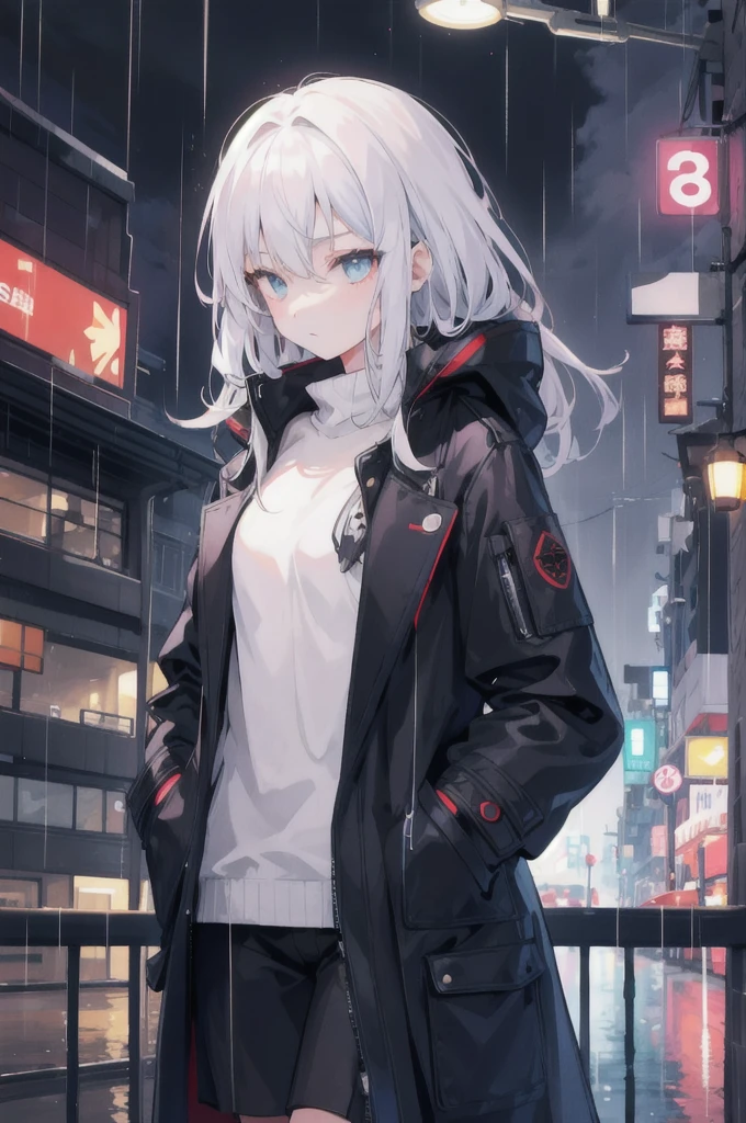 1girl,night city,rain,coat,hands in pockets