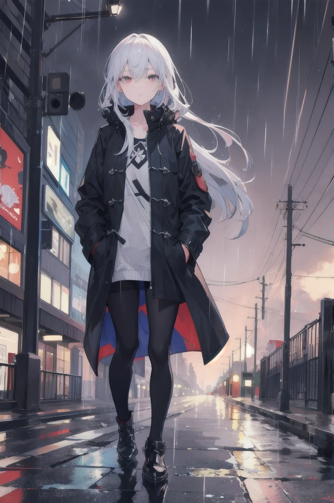 1girl,night city,rain,coat,hands in pockets