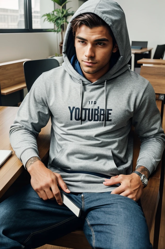 A man sit on the table his face cover by hoodie and he is working on laptop.Laptop on logo of YouTube,his body language curious mind 