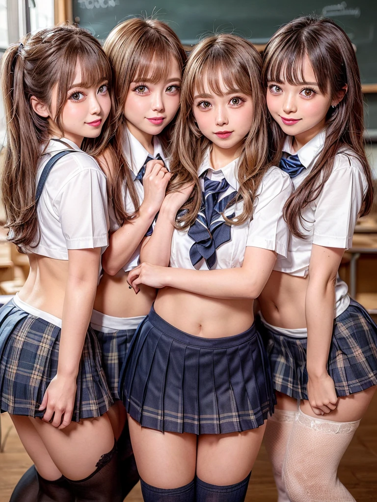 NSFW, ((masterpiece)), ((highest quality)), (Super detailed), ((cute)), cute, (Multi-point), ((sexy)), (device), ((very detailed)), 4k, (8k), highest quality, (beautiful), hyper cute face, shape, anime style,hyper genuineistic, genuine, dynamic angle, ((full body)), close, thick outline, clear outline, on school, (three girls, 3 cute girls:1.5), (school girl uniform :1.5), beautiful light brown hair, beautiful brown eyes, ((beautiful eyes)), (leaning forward:1.5), short hair, big breasts, smile