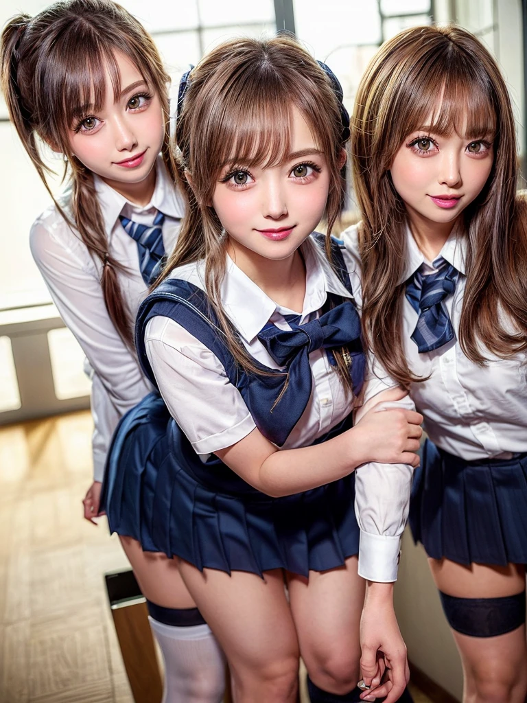 NSFW, ((masterpiece)), ((highest quality)), (Super detailed), ((cute)), cute, (Multi-point), ((sexy)), (device), ((very detailed)), 4k, (8k), highest quality, (beautiful), hyper cute face, shape, anime style,hyper genuineistic, genuine, dynamic angle, ((full body)), close, thick outline, clear outline, on school, (three girls, 3 cute girls:1.5), (school girl uniform :1.5), beautiful light brown hair, beautiful brown eyes, ((beautiful eyes)), (leaning forward:1.5), short hair, big breasts,  smile