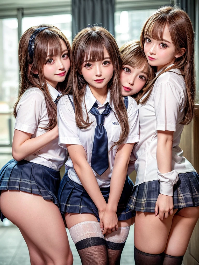 NSFW, ((masterpiece)), ((highest quality)), (Super detailed), ((cute)), cute, (Multi-point), ((sexy)), (device), ((very detailed)), 4k, (8k), highest quality, (beautiful), hyper cute face, shape, anime style,hyper genuineistic, genuine, dynamic angle, ((full body)), close, thick outline, clear outline, on school, (three girls, 3 cute girls:1.5), (school girl uniform :1.5), beautiful light brown hair, beautiful brown eyes, ((beautiful eyes)), (leaning forward:1.5), short hair, big breasts, smile
