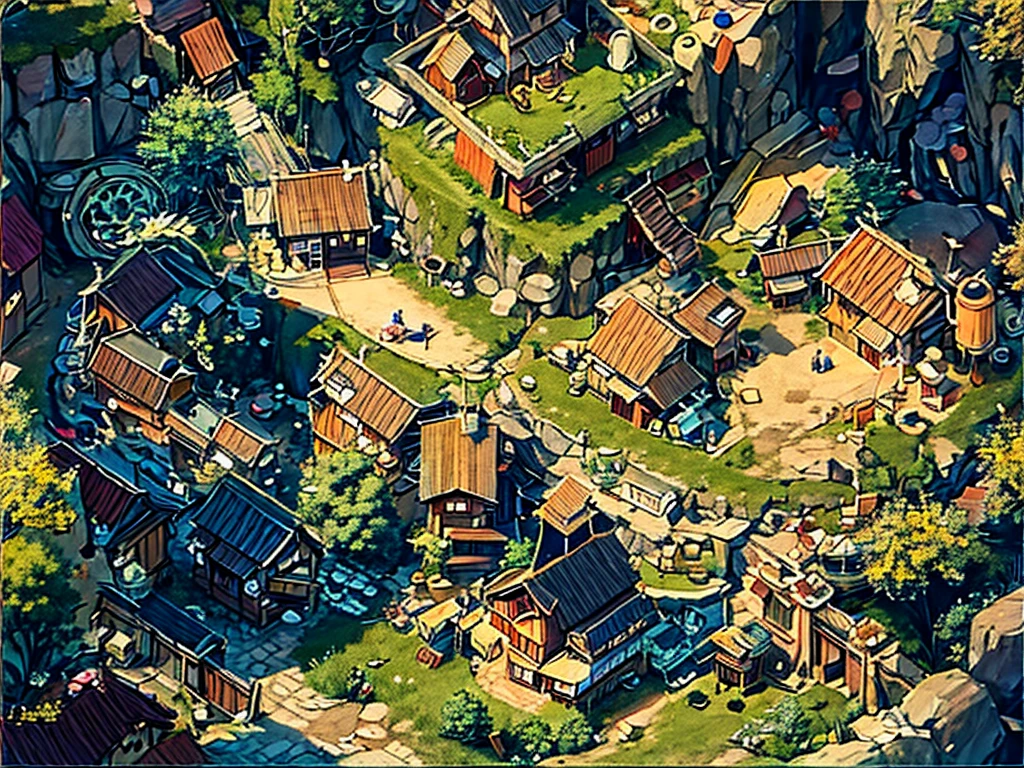 Great Slavic ((Ghibli)) A dream town on the hill, Thatched roof, Early Middle Ages, Village on the cliff, Crowded housing, Narrow passages, tight space, settlement, ((Ghibli风格))
