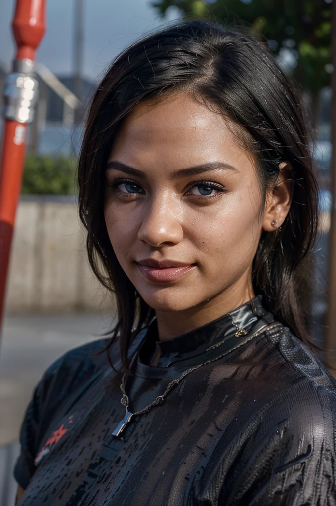 photorealistic, best quality, instagram model, (hyper detailed: 1.4), long distance shot, posing, view from the back, short black hair, blue eyes, wearing red wet t-shirt, Detailed eyes, beautiful ebony young woman, (Highly detailed face:1.4), exuding a natural glow, soft lightning, night view, jaw-dropping beauty, (smirk: 1.4), cute, seductive, vivid colors, subtle shadows