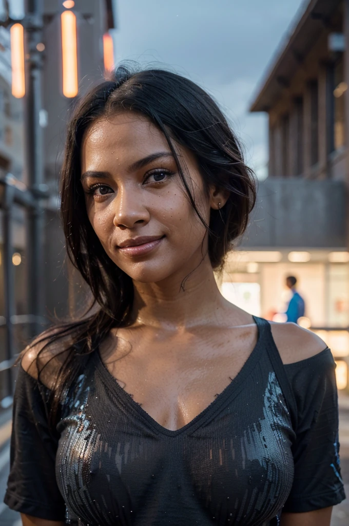 photorealistic, best quality, instagram model, (hyper detailed: 1.4), long distance shot, posing, view from the back, short black hair, blue eyes, wearing red wet t-shirt, Detailed eyes, beautiful ebony young woman, (Highly detailed face:1.4), exuding a natural glow, soft lightning, night view, jaw-dropping beauty, (smirk: 1.4), cute, seductive, vivid colors, subtle shadows