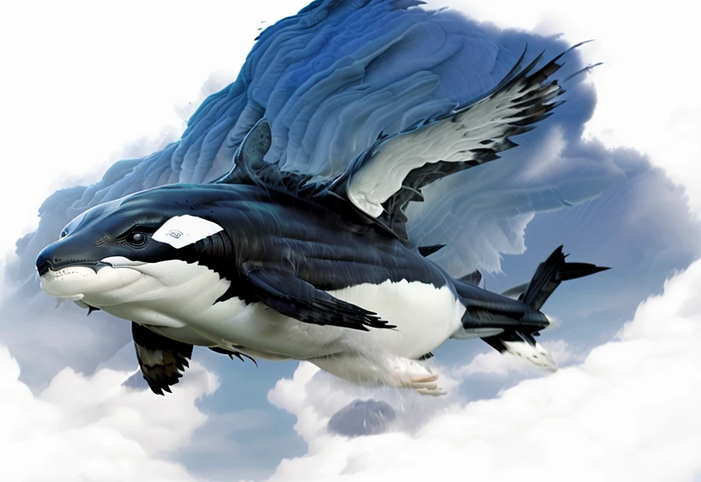 Flying Orca with eagle wing above clouds