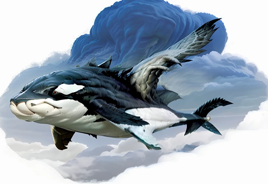 Flying Orca with eagle wing above clouds