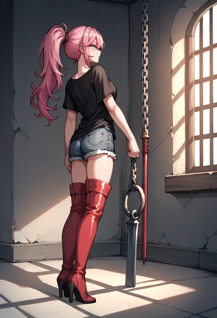 score_9, score_8_up, score_7_up, score_6_up, score_5_up, score_4_up, source_anime, 1girl, pink hair,ponytail, white eyes, w-w-chain,arms,loose hair, black shirt,shorts,thigh boots, red boots,heels,dungeon, best quality, best res, 4K UHD,
 