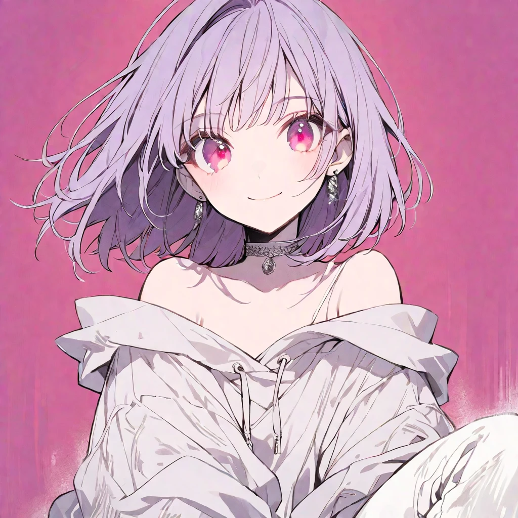 solo, handsome, monotone,
1. Female,
Hime cut,Straight Hair,Bob Hair, 
purple hair, 
Nakano Yotsuba,
pink Eyes,Soft look,beautiful,beautiful,Sexy,Darkness,Lots of silver earrings,choker,
White Off Shoulder,White Distressed jeans, hoodie ,smile,skin,
pink  background,