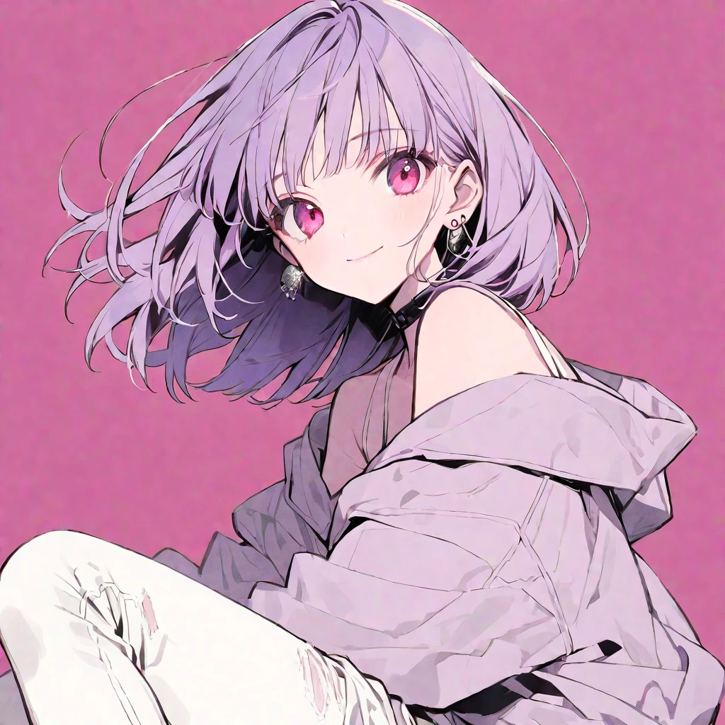 solo, handsome, monotone,
1. Female,
Hime cut,Straight Hair,Bob Hair, 
purple hair, 
Nakano Yotsuba,
pink Eyes,Soft look,beautiful,beautiful,Sexy,Darkness,Lots of silver earrings,choker,
White Off Shoulder,White Distressed jeans, hoodie ,smile,skin,
pink  background,