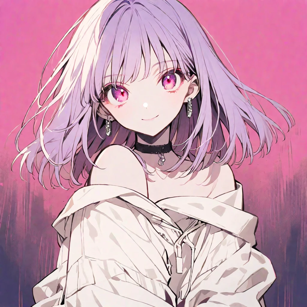 solo, handsome, monotone,
1. Female,
Hime cut,Straight Hair,Bob Hair,
purple hair,
Nakano Yotsuba,
pink Eyes,Soft look,beautiful,beautiful,Sexy,Darkness,Lots of silver earrings,choker,
White Off Shoulder,White Distressed jeans, hoodie ,smile,skin,
pink background,