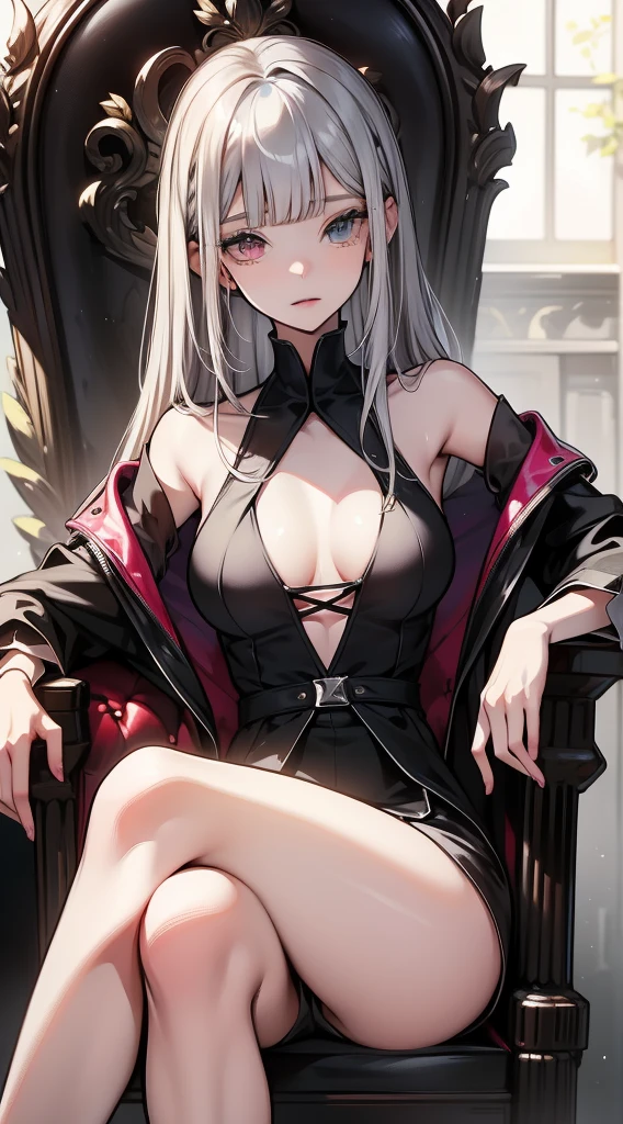 young girl,
1girl with a long straight cutted hair, silver gray straight hair, blunt bangs, straight bangs and side bangs, straight cutted bangs and side bangs, 
Heterochromia, red right eye, purple left eye, smirk, princess dress, ideal sexy breasts, open breasts, Wide neckline, sitting on the throne, legs crossed, Masterpiece, hiquality, higly detailed, HD, 4k