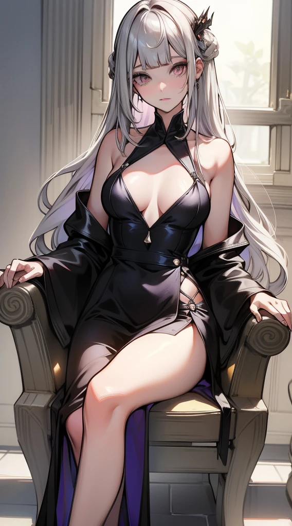 young girl,
1girl with a long straight cutted hair, silver gray straight hair, blunt bangs, straight bangs and side bangs, straight cutted bangs and side bangs,
Heterochromia, red right eye, purple left eye, smirk, princess dress, ideal sexy breasts, open breasts, Wide neckline, sitting on the throne, legs crossed, Masterpiece, hiquality, higly detailed, HD, 4k