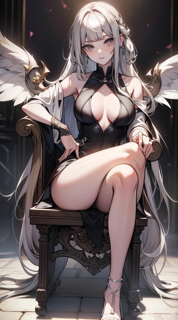 young girl,
1girl with a long straight cutted hair, silver gray straight hair, blunt bangs, straight bangs and side bangs, straight cutted bangs and side bangs,
Heterochromia, red right eye, purple left eye, smirk, princess dress, ideal sexy breasts, open breasts, Wide neckline, sitting on the throne, legs crossed, Masterpiece, hiquality, higly detailed, HD, 4k