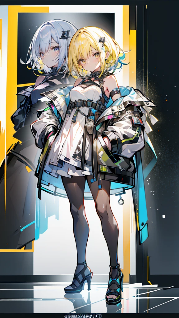 1 girl, short yellow hair, cyberpunk, Alice in Wonderland, black high heels, hand in pocket, best quality, 4k, 8k, highres, masterpiece:1.2, ultra-detailed, realistic, photorealistic, photo-realistic:1.37, HDR, UHD, studio lighting, ultra-fine painting, sharp focus, physically-based rendering, extreme detail description, professional, vivid colors, bokeh, concept art
