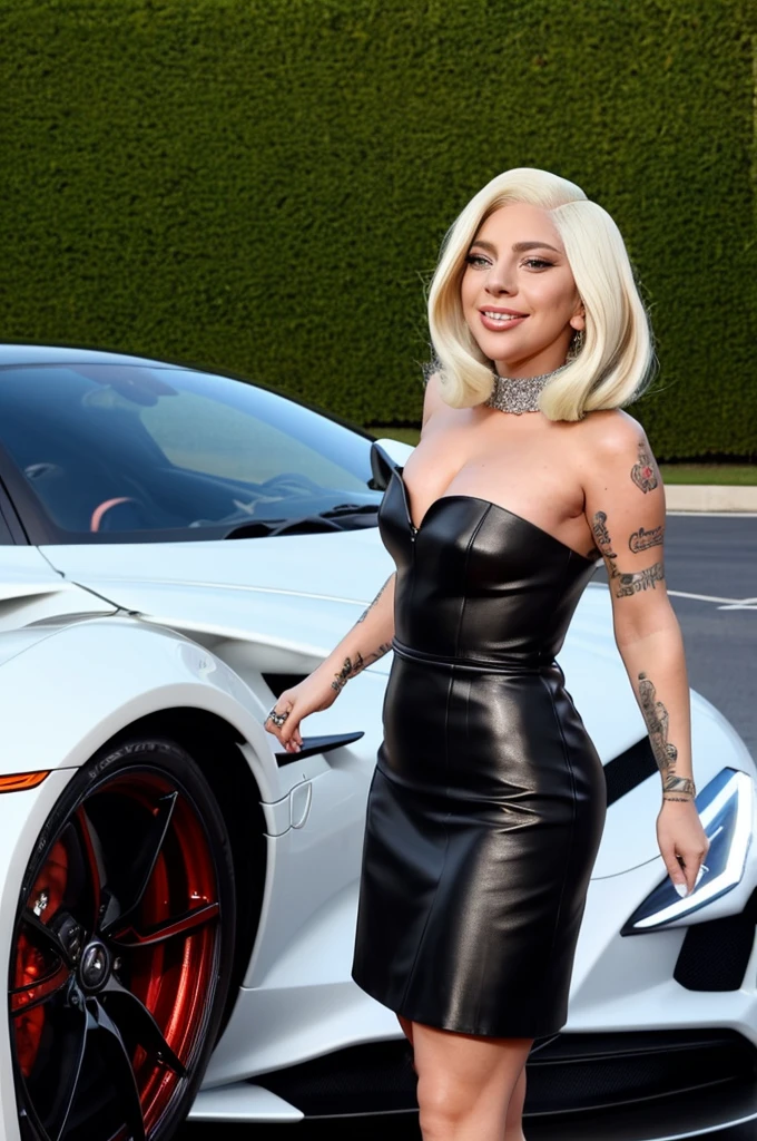 lady gaga is beautiful, smiling, wearing a strapless black leather dress, posing sexy next to a black supercar, looking at the camera