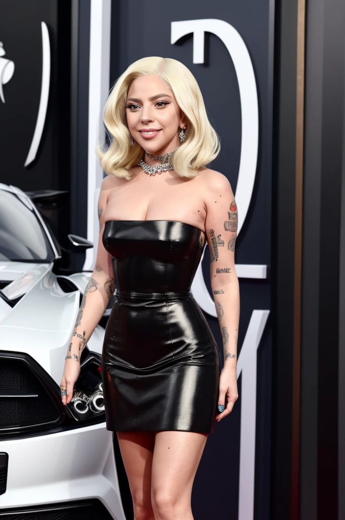 lady gaga is beautiful, smiling, wearing a strapless black leather dress, posing sexy next to a black supercar, looking at the camera