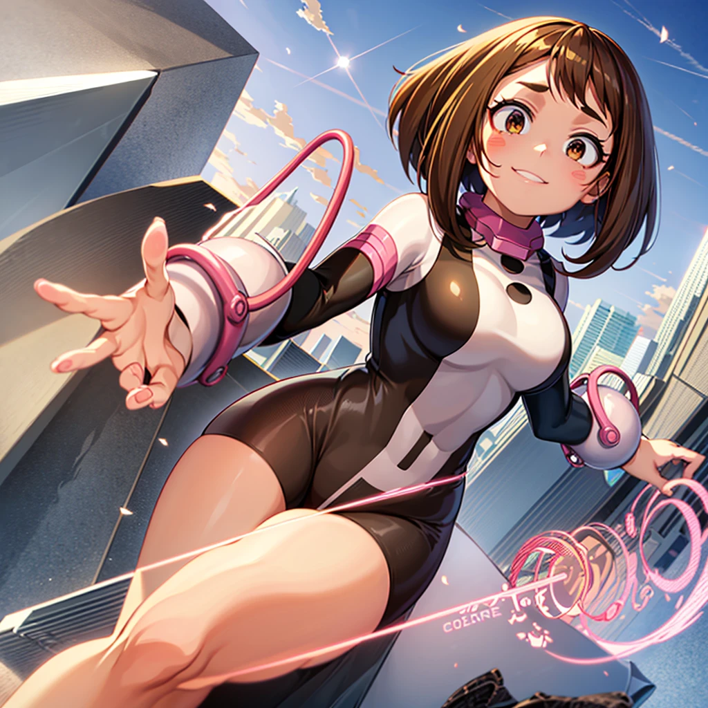 score_9, score_8_up, score_7_up, source_anime,
ochakouraraka, ochako uraraka, brown eyes, brown hair, short hair, blush, blush stickers, smile,
bodysuit, skin tight, superhero,
outdoors, cityscape,
looking at viewer, cowboy shot, dutch angle, dynamic pose,