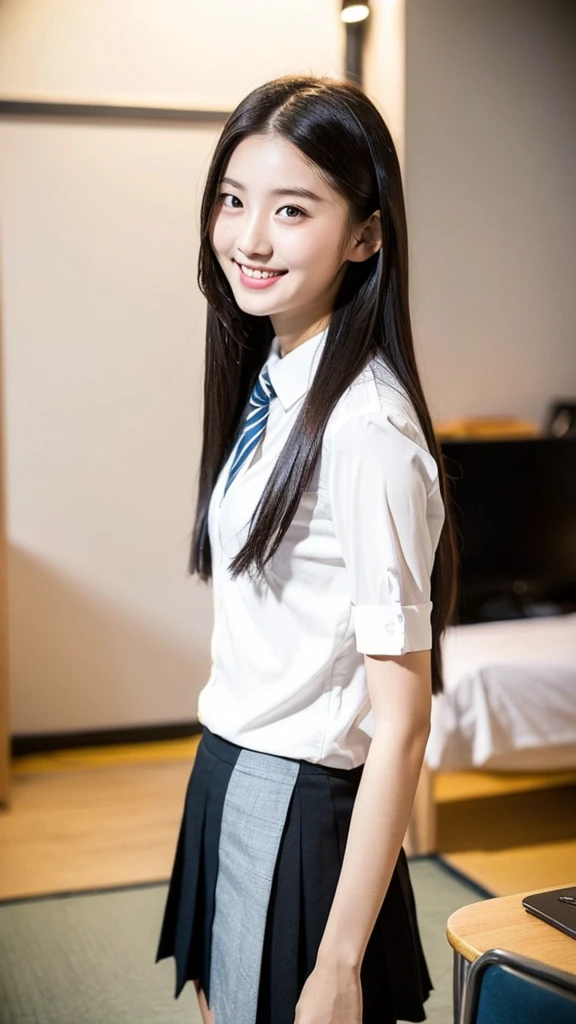 (Highest quality:1.5), (Real:1.4), (Ultra high definition:1.4), (No correction:1.4), (Skinny 18 year old girl), (Plain background), (1 Japanese very thin girl with flat chest in eighteen years old), (very thin body), skinny face, (Beautiful skin), (White blouse in school uniform:1.2), (School uniform black skirt:1.2), (girl is wearing  white blouse and  black skirt), (very thin girl is standing front plain back ground), (18yo very thin girl is standing front plain back ground in studio), (front view of a flat chest girl), Photo studio, (Upper Body), (smile), (Turn your body forward), (flat chest), (very thin)