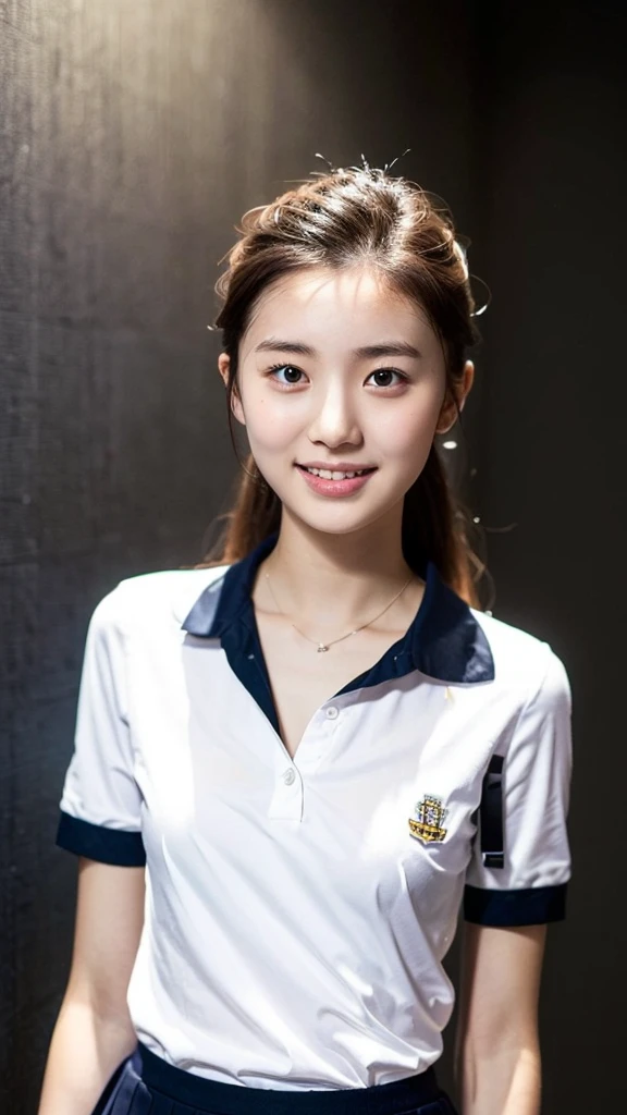 (Highest quality:1.5), (Real:1.4), (Ultra high definition:1.4), (No correction:1.4), (Skinny 18 year old girl), (Plain background), (1 Japanese very thin girl with flat chest in eighteen years old), (very thin body), skinny face, (Beautiful skin), (White blouse in school uniform:1.2), (School uniform black skirt:1.2), (girl is wearing white blouse and black skirt), (very thin girl is standing front plain back ground), (18yo very thin girl is standing front plain back ground in studio), (front view of a flat chest girl), Photo studio, (Upper Body), (smile), (Turn your body forward), (flat chest), (very thin)