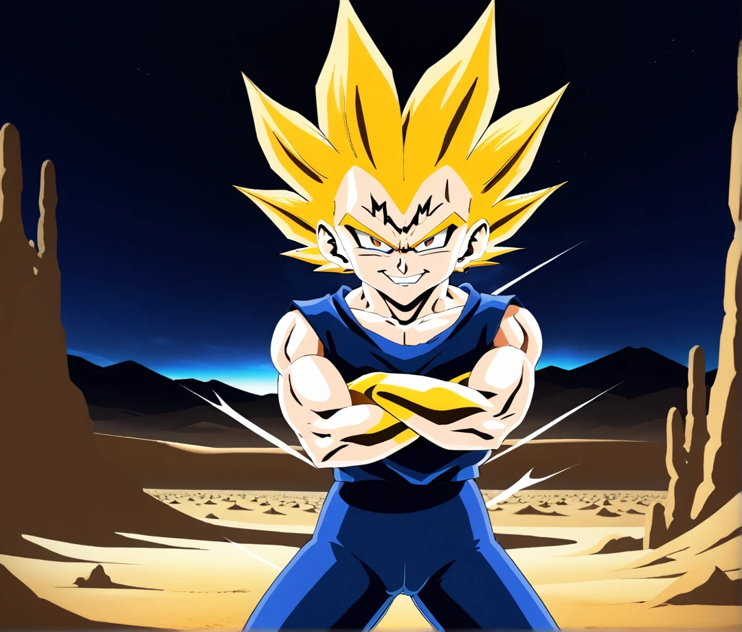 score_9, source_anime, score_8_up, score_7_up, detailed background, 1boy, solo, full body, Desert, Majin dramatic lighting, dynamic pose, dynamic composition, action scene, action pose, crossed arms, evil smile
